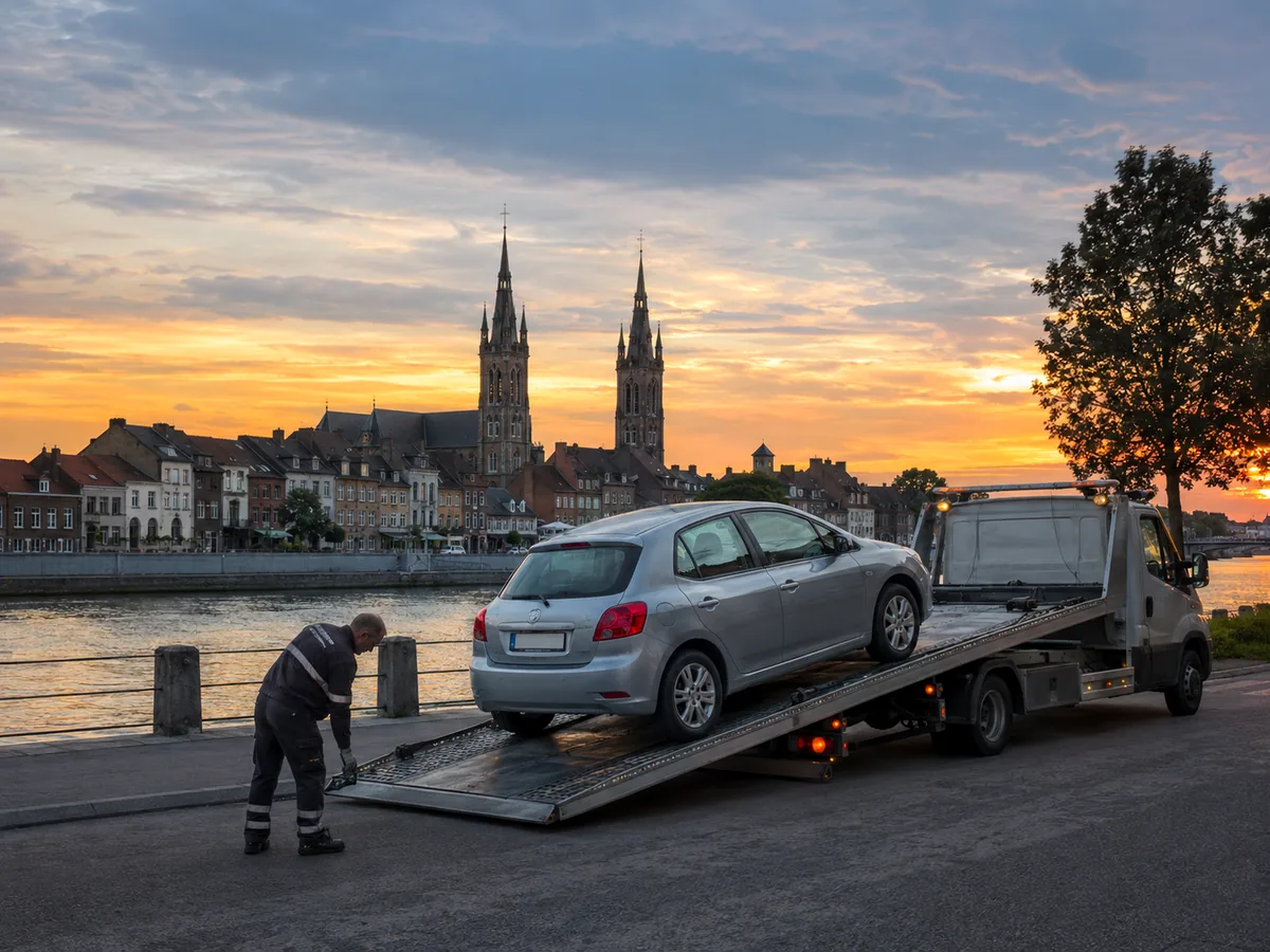 Auto wordt in Maaseik op een oprijwagen geladen voor gratis ophaling, met de stad op de achtergrond